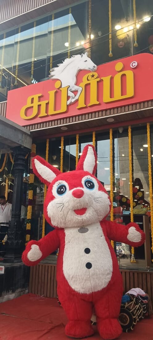 Store launch signage and mascot costume activation for Supreme showroom